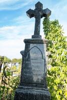 An old marble cross from 1919, with an old tree that has grown into the fence. photo