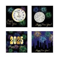 2025 black square happy new year graphics with fireworks, skyline, countdown clock and disco ball vector