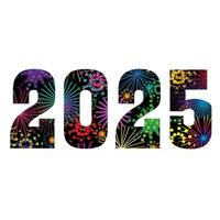 2025 numbers with bright fireworks background pattern on black vector