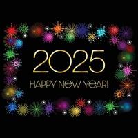 2025 gold happy new year typography graphic with mod fireworks frame on black background vector