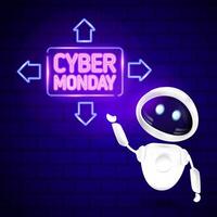 Cyber Monday Sale creative banner illustration with glowing neon signboard and cute robot chat bot. Design for advertising,web,promotions. Cyber Monday signboard sales with neon light. vector