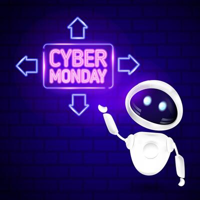 Cyber Monday Sale creative banner illustration with glowing neon signboard and cute robot chat bot. Design for advertising,web,promotions. Cyber Monday signboard sales with neon light.