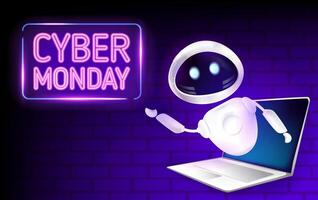 Cyber Monday sale concept banner with trendy neon glow effect. Realistic robot with laptop offers Cyber Monday discounts. Realistic 3D chatbot assistant with neon sign. illustration vector