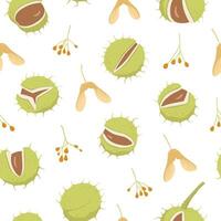 Hand drawn chestnuts and maple tree seeds seamless pattern. Natural design for fabric, textile, wrapping paper, cover, wallpaper vector