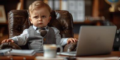 Young child in a stylish suit sitting in an elegant chair with a cup in a cozy cafe photo