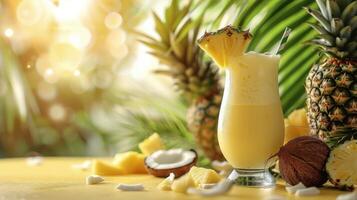 Refreshing tropical cocktail garnished with flowers alongside fresh fruits on a textured background photo
