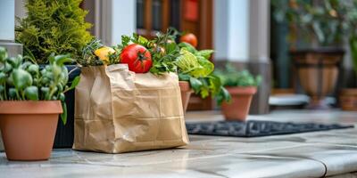 Fresh produce and brown paper bag placed at the entrance of a home in a suburban neighborhood photo