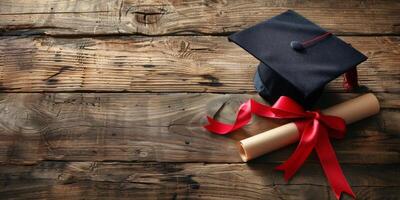 Graduation cap and diploma placed on a rustic wooden table celebrating academic achievement photo