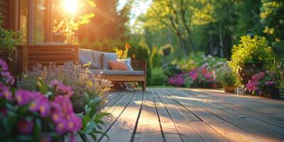 A serene garden pathway with vibrant flowers and cozy seating in the warm afternoon sunlight photo
