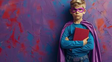 A young boy wearing a cape and glasses holds a blue book against a purple wall in a playful setting photo