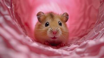 A curious little mouse exploring a vibrant pink tunnel during daylight hours photo