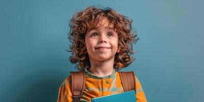 Young child with curly hair holding a book wears a backpack against a blue background photo