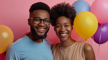 Celebrating friendship with joyful smiles and colorful balloons in a studio setting photo