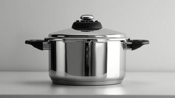 Stainless steel pot on a modern kitchen stove surrounded by fresh ingredients in the evening photo