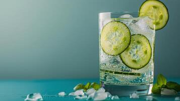 Refreshing cucumber cocktail served with ice on a cool, blue surface in a well lit environment photo