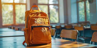 A bright orange backpack on a wooden table in a sunlit classroom during school hours photo