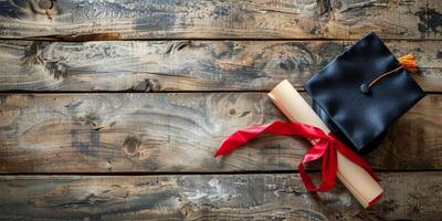 Graduation cap and diploma placed on a rustic wooden table celebrating academic achievement photo