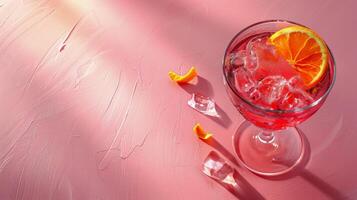 Elegant cocktail garnished with a slice of citrus on a festive pink background photo