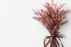 Elegant dried flower bouquet with pink tones tied with a ribbon on a light background photo