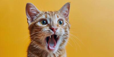 Playful orange cat with wide open mouth against a vibrant yellow background photo