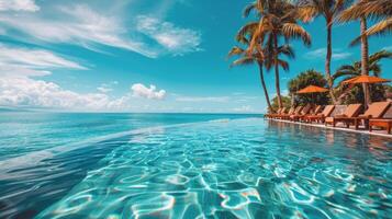 Relaxing by the infinity pool with palm trees under a clear blue sky at a tropical resort photo