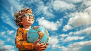 A young boy smiles while holding a globe against a blue background in a brightly lit room photo