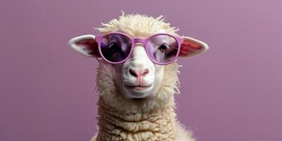 A cool sheep wearing pink sunglasses against a vibrant purple background during midday photo