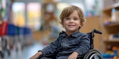 Smiling boy in a wheelchair enjoying classroom activities with classmates in a bright setting photo