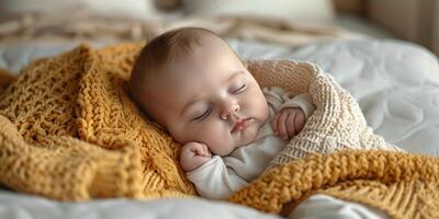 A peaceful baby sleeping soundly wrapped in a cozy blanket on a soft bed in a serene room photo