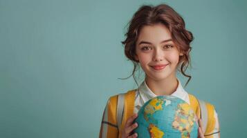 Young girl smiling while holding a globe against a light blue background indoors photo