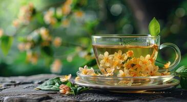 A cup of herbal tea adorned with blossoms in a serene garden setting during daytime photo