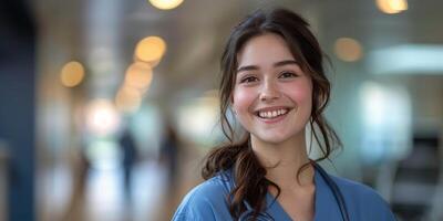 Smiling healthcare professional in a hospital setting with colleagues in the background photo