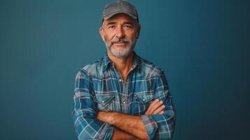 A smiling older man with a beard wears a flannel shirt and cap against a blue background photo