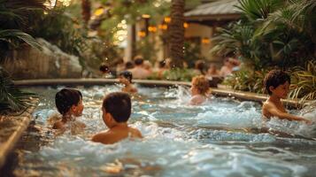 Happy children swimming and playing together in a resort pool during a sunny afternoon photo