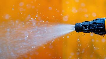 High pressure water spray creating droplets against a bright orange background during daytime photo