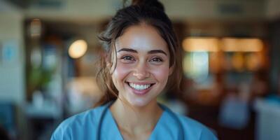 Smiling healthcare professional in a hospital setting with colleagues in the background photo