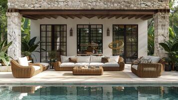 Elegant outdoor lounge area by a luxurious pool in a sunny tropical setting photo