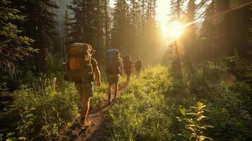 Hikers trekking through a sunlit mountain trail at dawn surrounded by tall trees and dust photo