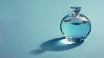 Elegant blue glass perfume bottle casting a shadow on a reflective surface in soft light photo