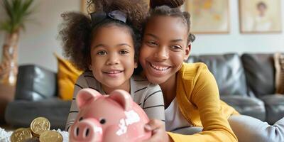 Mother and daughter share a joyful moment while holding a piggy bank during a cozy holiday setting photo