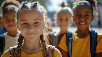 A cheerful group of girls with backpacks smiling in a sunlit playground during daytime photo
