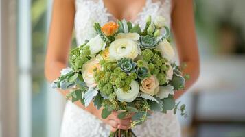 Bridal bouquet featuring succulents and soft pastel roses in a bright venue photo