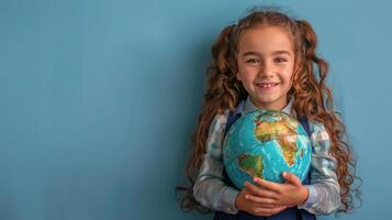 Young girl smiling while holding a globe against a light blue background indoors photo