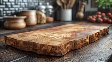 Wooden cutting board on a rustic table against a textured dark wall in a cozy kitchen setting photo