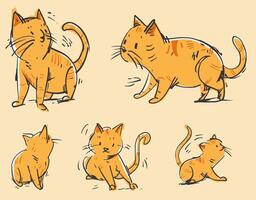 Cute ginger cat in 5 different poses. Illustrated kittens. Cute ginger cat in 5 different poses and angles. Playful kittens character sheet. vector