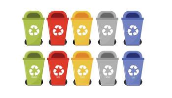 Set of containers with sorted garbage. Different types of garbage organic, metal, plastic, paper and glass. Isolated illustration EPS 10 vector