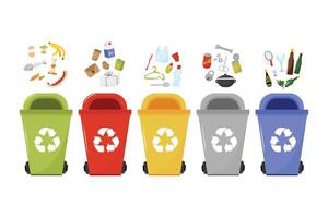 Waste segregation. Different type objects, sorting paper, metal, glass exact set. Zero waste concept. Isolated illustration EPS 10 vector