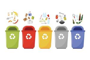 Set of containers with sorted garbage. Waste segregation. Sorting garbage by material and type in colored trash cans. Isolated illustration EPS 10 vector