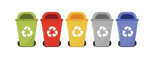 Sorting garbage by material and type in colored trash cans. Separating and recycling garbage infographic. Isolated illustration EPS 10 vector