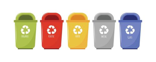 Set of containers with sorted garbage. Waste segregation. Different types of garbage organic, metal, plastic, paper and glass. eps 10 vector